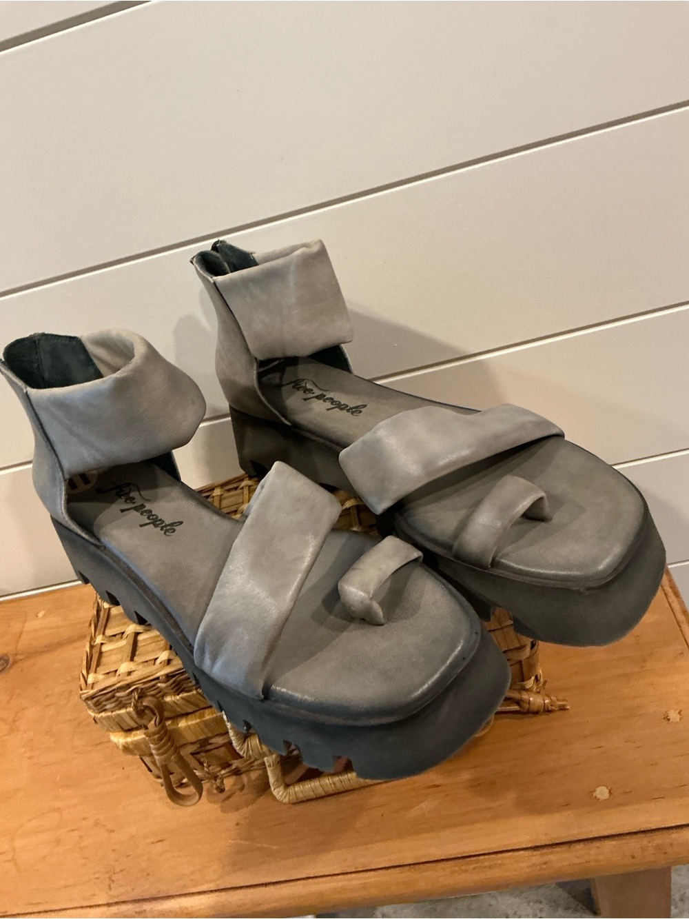 Free People Gray Platform Ankle-Strap Sandals